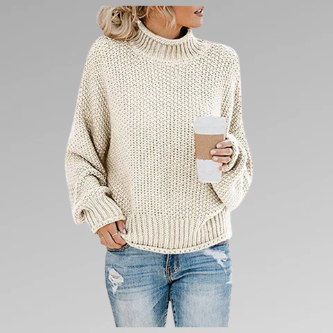 Damski Sweter – Oversized Krój – Mieszanka Wełny – Wysoka Szyja – Żebrowane Rękawy