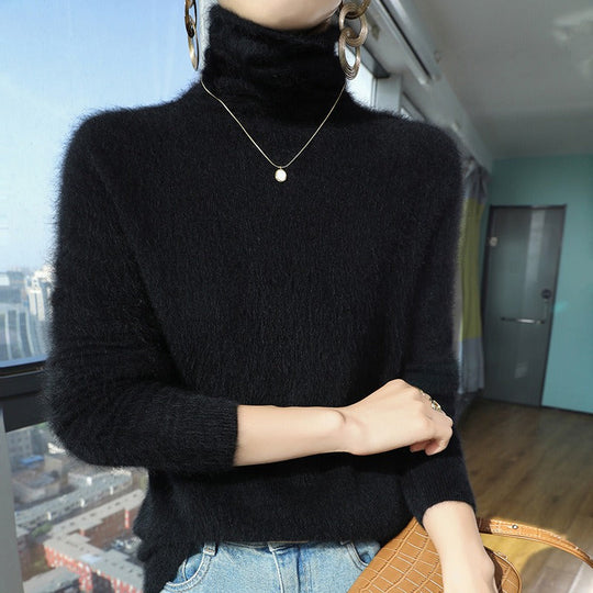 Damski sweatshirt – Wełna – Luźny krój – Wysoki kołnierz – Rybaczane mankiety