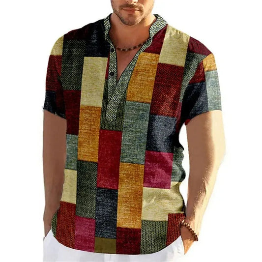 Koszula męska patchwork 3D | luźny krój, krótki rękaw