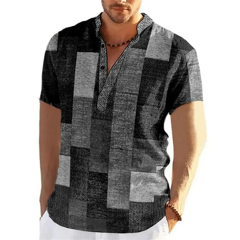 Męska Koszula Patchwork 3D z Krótkim Rękawem Duże Rozmiary | Graficzny Wzór | Luźny Krój | Na Wiosnę i Lato