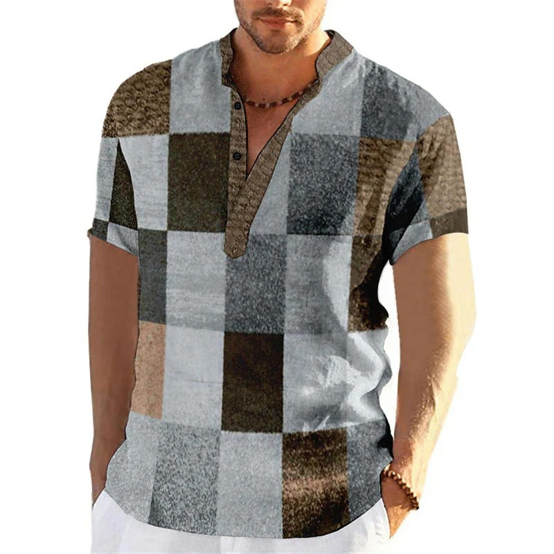 Męska Koszula Patchwork 3D z Krótkim Rękawem Duże Rozmiary | Graficzny Wzór | Luźny Krój | Na Wiosnę i Lato