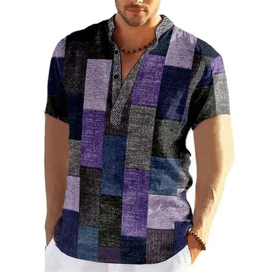 Męska Koszula Patchwork 3D z Krótkim Rękawem Duże Rozmiary | Graficzny Wzór | Luźny Krój | Na Wiosnę i Lato