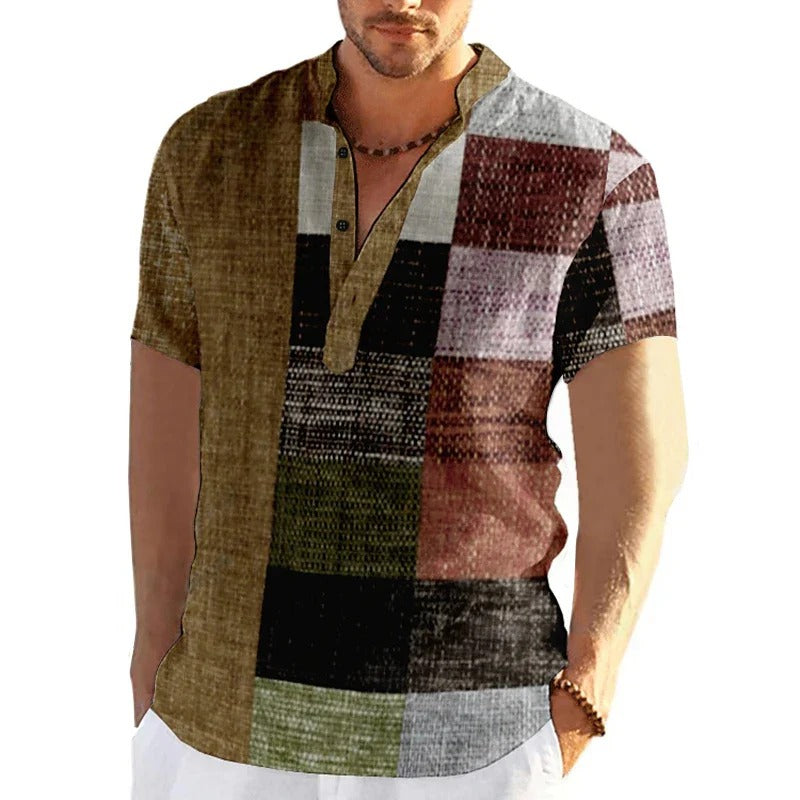 Męska Koszula Patchwork 3D z Krótkim Rękawem Duże Rozmiary | Graficzny Wzór | Luźny Krój | Na Wiosnę i Lato