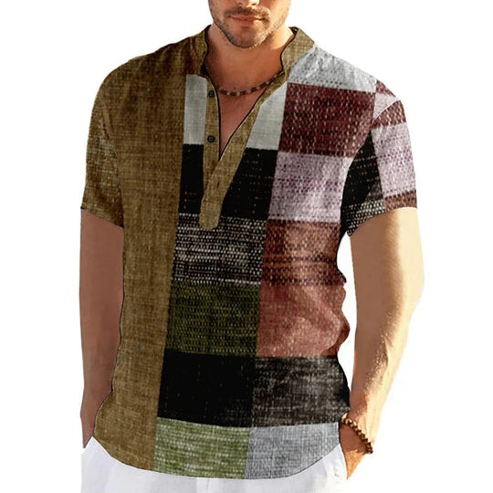 Męska Koszula Patchwork 3D z Krótkim Rękawem Duże Rozmiary | Graficzny Wzór | Luźny Krój | Na Wiosnę i Lato