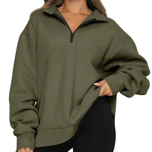 Damski Sweter – Oversized Krój – Wysoka Kola – Krótki Zamek – Miękki Bawełniany