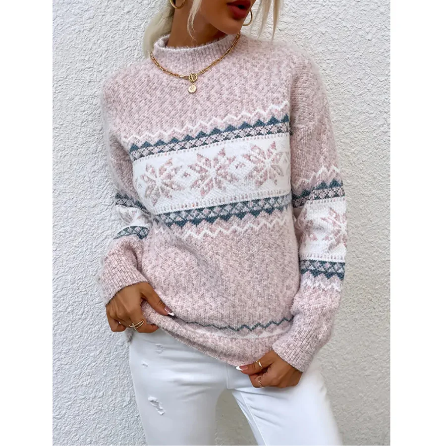 Damski Sweter – Luźny Krój – Mieszanka Wełny – Okrągły Dekolt – Wzór Żakardowy – Długi Rękaw