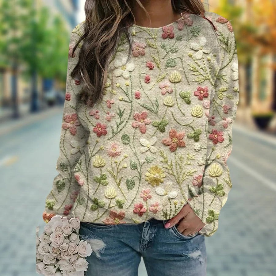 Sweter damski – Luźny krój – Dzianina – Hafty kwiatowe – Okrągły dekolt