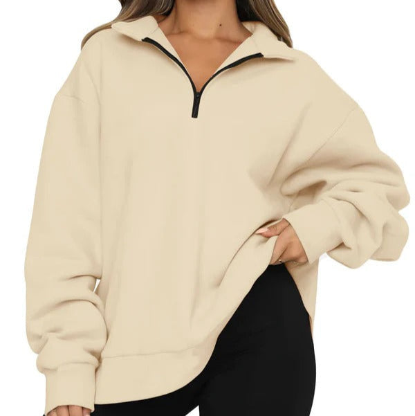 Damski Sweter – Oversized Krój – Wysoka Kola – Krótki Zamek – Miękki Bawełniany
