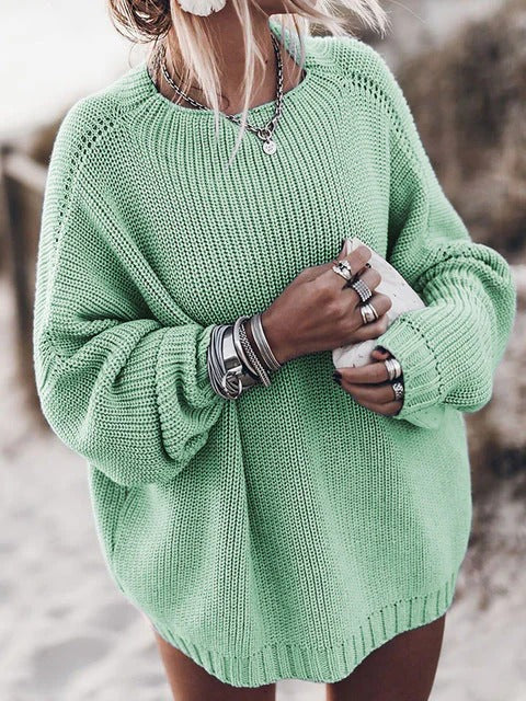 Sweter Damski – Oversized Krój – Gruby Splot – Rękawy Raglan – Żebrowane Wykończenia