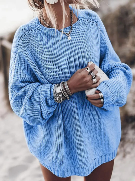Sweter Damski – Oversized Krój – Gruby Splot – Rękawy Raglan – Żebrowane Wykończenia