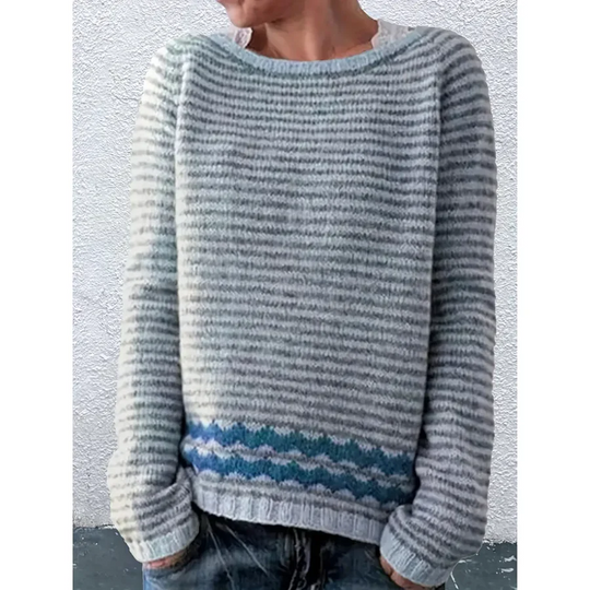 Sweter Damski – Mieszanka Wełny – Luźny Krój – W Paski – Rybaczki – Casual Model