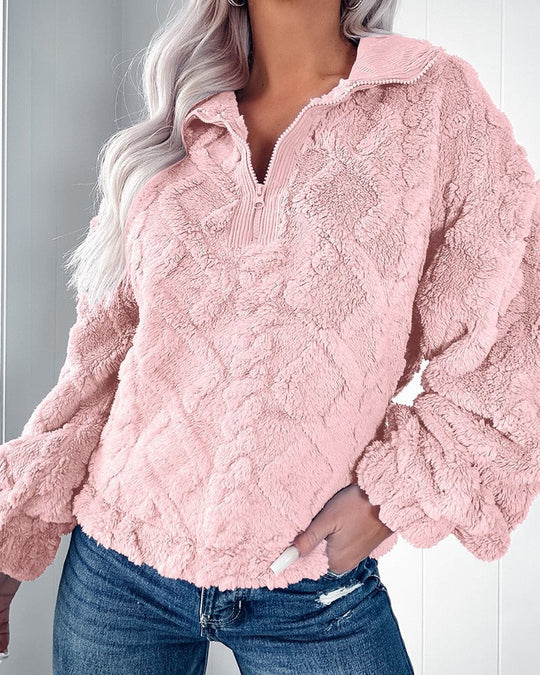Damski Sweter – Luźny Krój – Sztuczne Futro – Pikowany Wzór – Zamek na Pół
