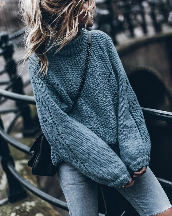 Damski Sweter – Oversized Krój – Golf – Gruby Splot z Oczkową Strukturą