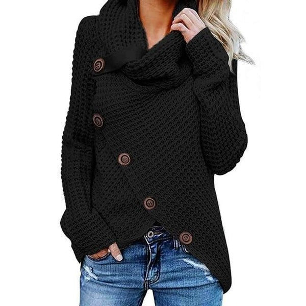 Damski Sweter – Waffle Knit – Luźny Krój – Kołnierz – Asymetryczne Guziki