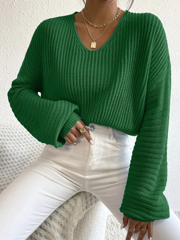 Damski sweter – Luźny krój – Dekolt w serek – Dzianina prążkowana – Długie rękawy w stylu casual
