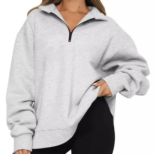 Damski Sweter – Oversized Krój – Wysoka Kola – Krótki Zamek – Miękki Bawełniany