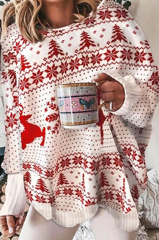 Sweter Damski – Oversize – Dzianina – Długie Rękawy – Świąteczny Wzór