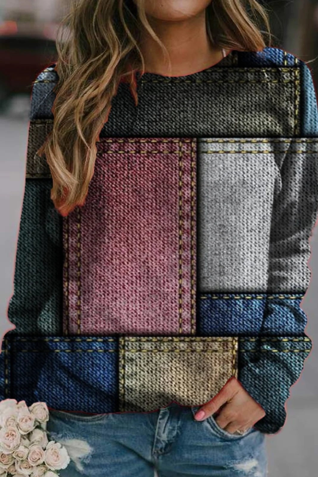 Damski Sweter – Luźny Krój – Dzianina – Wzór Patchwork – Długie Rękawy Casual