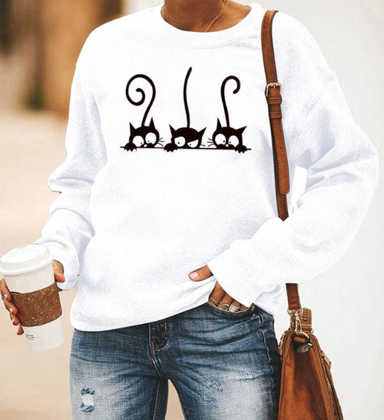 Damski Sweter – Oversized Krój – Mieszanka Bawełny – Długie Rękawy – Wzór z Kotami