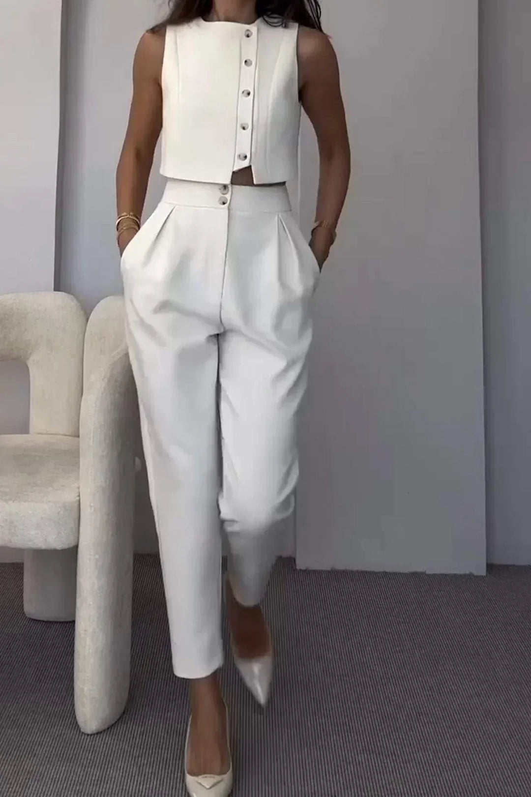Kobieta | Komplet Damski Co-ord | Sherita | Biały | Kamizelka i Spodnie High-Waist | Elegancki | All-Season