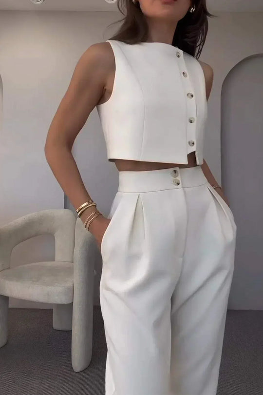 Kobieta | Komplet Damski Co-ord | Sherita | Biały | Kamizelka i Spodnie High-Waist | Elegancki | All-Season