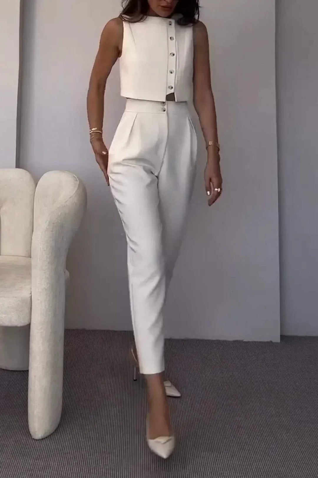 Kobieta | Komplet Damski Co-ord | Sherita | Biały | Kamizelka i Spodnie High-Waist | Elegancki | All-Season
