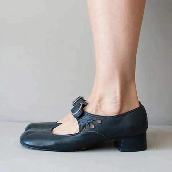 Inga | Vintage Skórzane Buty z Okrągłym Noskiem - Klasyczne Wygodne Skórzane Sandały Damskie