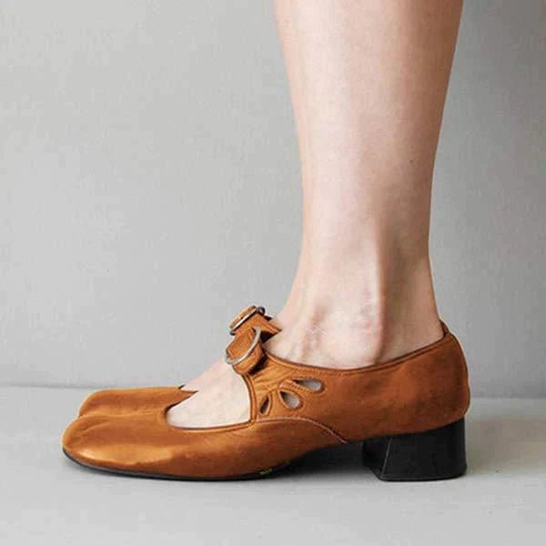 Inga | Vintage Skórzane Buty z Okrągłym Noskiem - Klasyczne Wygodne Skórzane Sandały Damskie