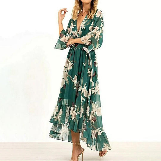 Kobieta | Maxi Sukienka w Kwiaty | Dekolt w Serek z Pasem w Talii | Rozkloszowana i Falbaniasta Spódnica | Styl Boho Chic