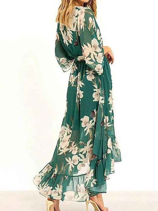 Kobieta | Maxi Sukienka w Kwiaty | Dekolt w Serek z Pasem w Talii | Rozkloszowana i Falbaniasta Spódnica | Styl Boho Chic