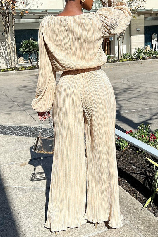 Candie | Dwuczęściowy zestaw plisowany | Relaxed fit | Szerokie spodnie | Balonowe rękawy | Elegancki