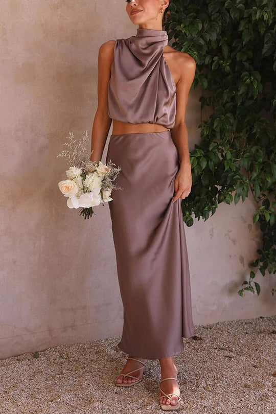 Kobieta | Elegancki Zestaw 2-częściowy | Spódnica Maxi | Top z Odkrytymi Plecami | Styl Wieczorow