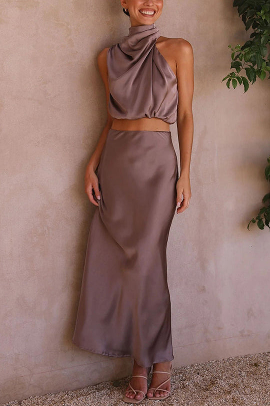 Kobieta | Elegancki Zestaw 2-częściowy | Spódnica Maxi | Top z Odkrytymi Plecami | Styl Wieczorow