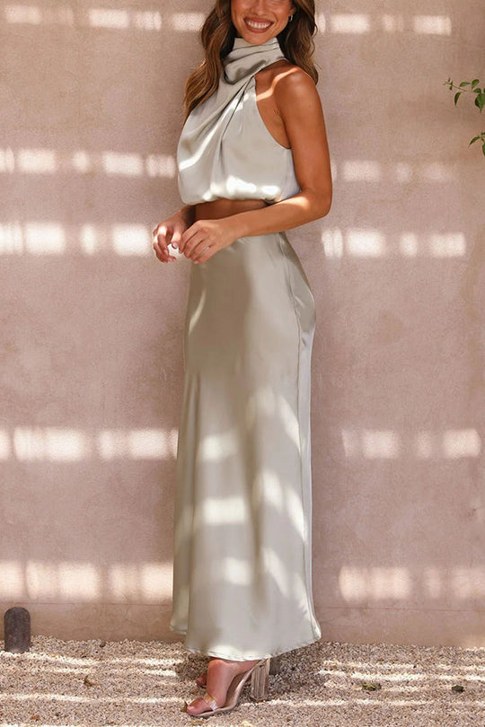 Kobieta | Elegancki Zestaw 2-częściowy | Spódnica Maxi | Top z Odkrytymi Plecami | Styl Wieczorow