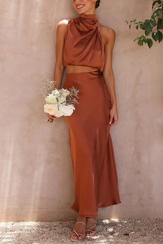 Kobieta | Elegancki Zestaw 2-częściowy | Spódnica Maxi | Top z Odkrytymi Plecami | Styl Wieczorow
