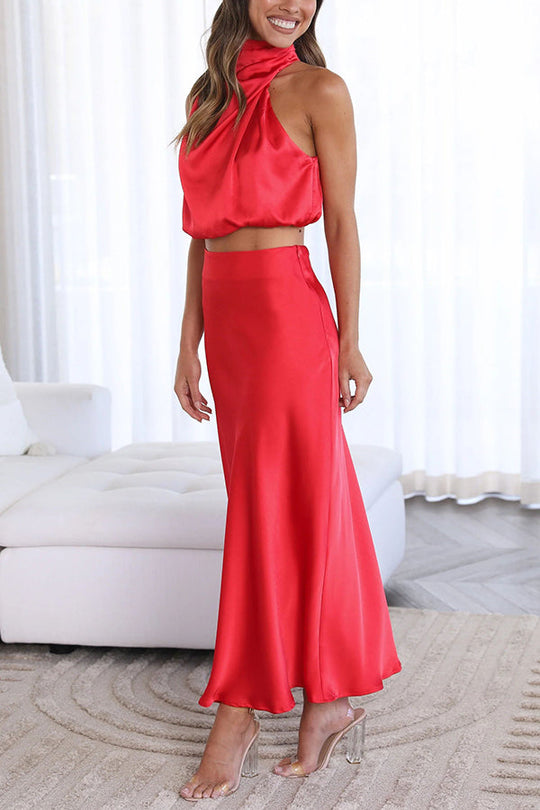 Kobieta | Elegancki Zestaw 2-częściowy | Spódnica Maxi | Top z Odkrytymi Plecami | Styl Wieczorow