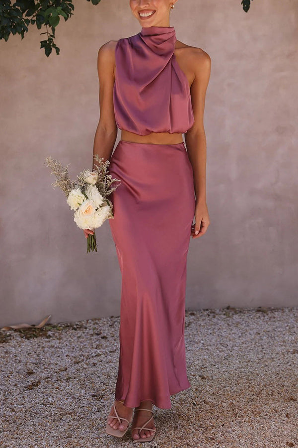 Kobieta | Elegancki Zestaw 2-częściowy | Spódnica Maxi | Top z Odkrytymi Plecami | Styl Wieczorow