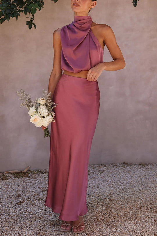 Kobieta | Elegancki Zestaw 2-częściowy | Spódnica Maxi | Top z Odkrytymi Plecami | Styl Wieczorow
