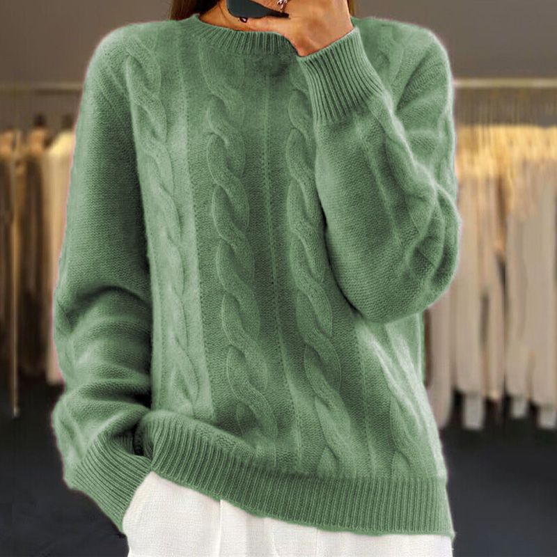 Damski Sweter – Luźny Krój – Mieszanka Wełny – Wzór Warkoczowy – Żebrowane Rękawy