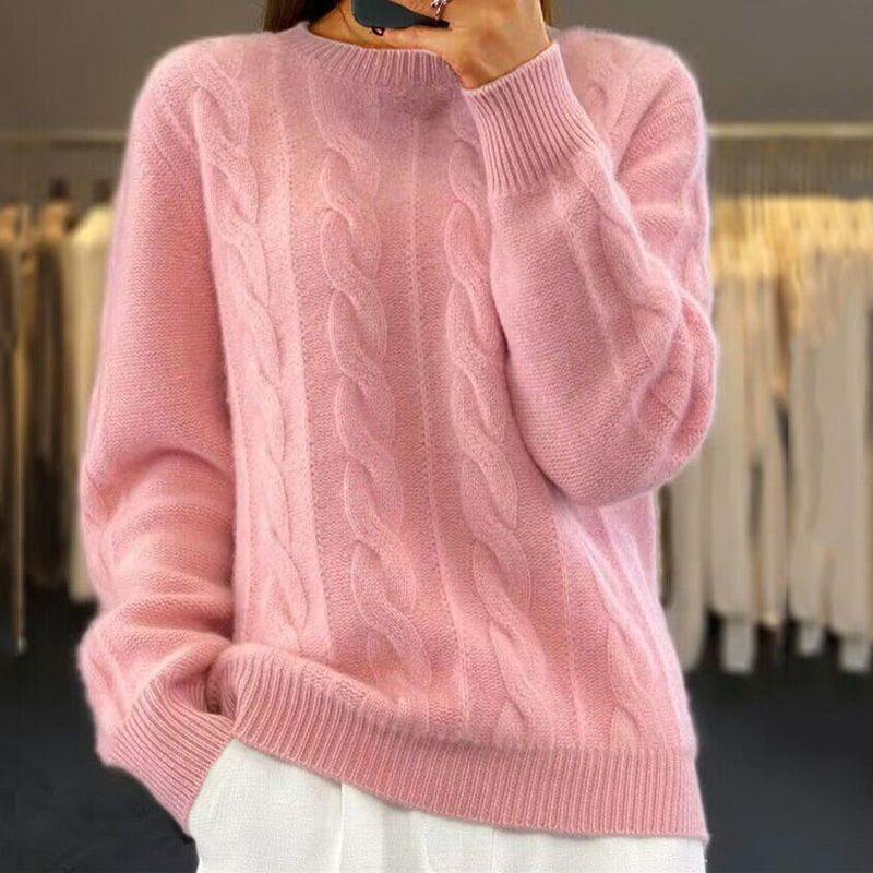 Damski Sweter – Luźny Krój – Mieszanka Wełny – Wzór Warkoczowy – Żebrowane Rękawy