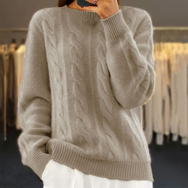 Damski Sweter – Luźny Krój – Mieszanka Wełny – Wzór Warkoczowy – Żebrowane Rękawy