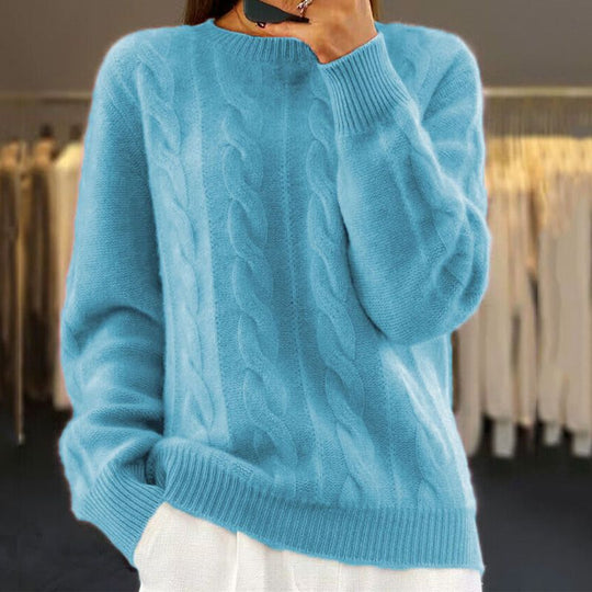 Damski Sweter – Luźny Krój – Mieszanka Wełny – Wzór Warkoczowy – Żebrowane Rękawy