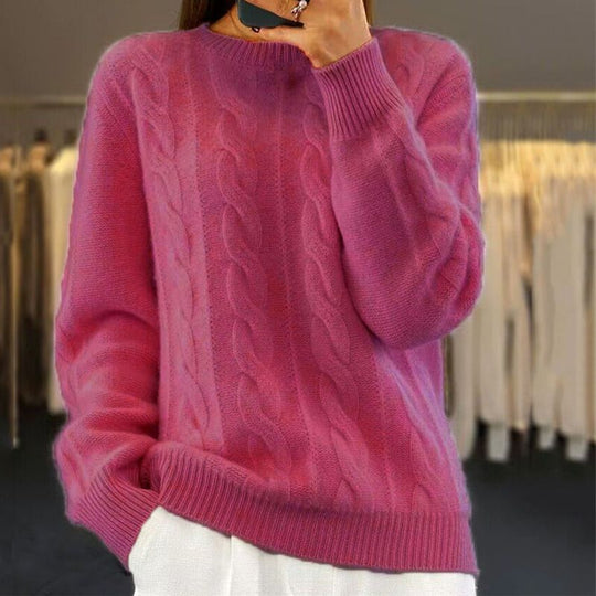 Damski Sweter – Luźny Krój – Mieszanka Wełny – Wzór Warkoczowy – Żebrowane Rękawy