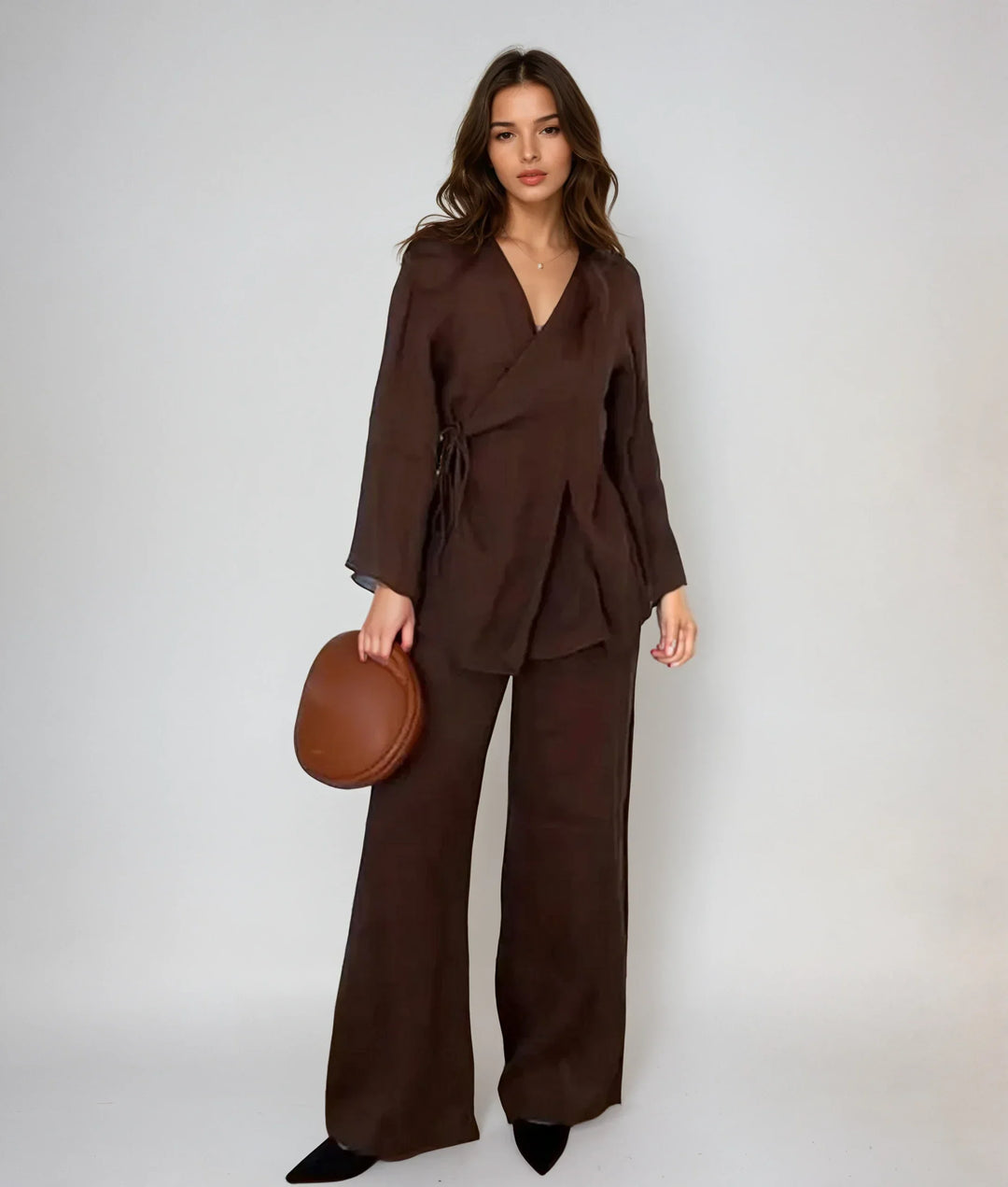 Damski | Komplet Loungewear | Kimono | Szerokie Spodnie | Lniana Mieszanka | Relaxed Fit