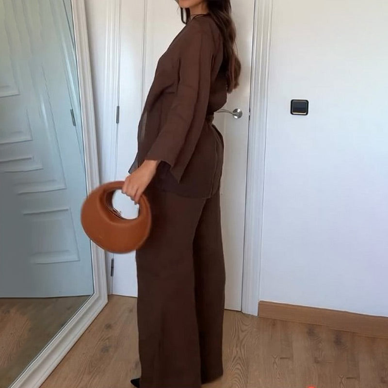 Damski | Komplet Loungewear | Kimono | Szerokie Spodnie | Lniana Mieszanka | Relaxed Fit
