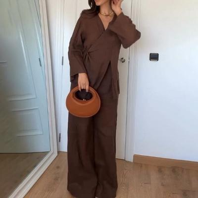 Damski | Komplet Loungewear | Kimono | Szerokie Spodnie | Lniana Mieszanka | Relaxed Fit