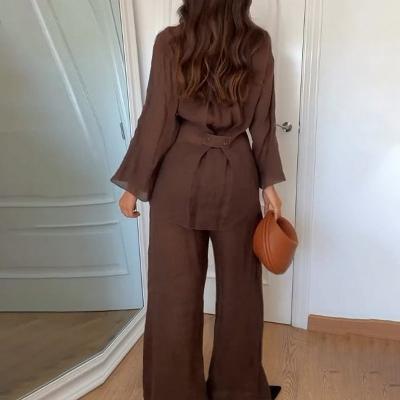 Damski | Komplet Loungewear | Kimono | Szerokie Spodnie | Lniana Mieszanka | Relaxed Fit