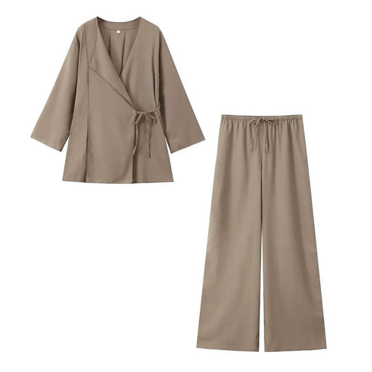 Damski | Komplet Loungewear | Kimono | Szerokie Spodnie | Lniana Mieszanka | Relaxed Fit