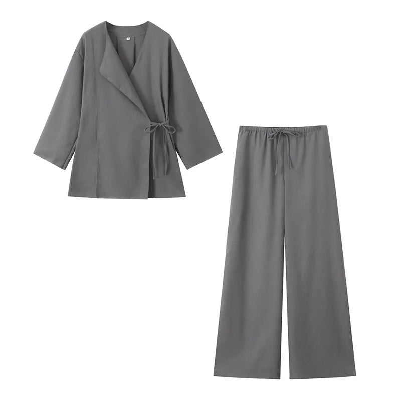 Damski | Komplet Loungewear | Kimono | Szerokie Spodnie | Lniana Mieszanka | Relaxed Fit