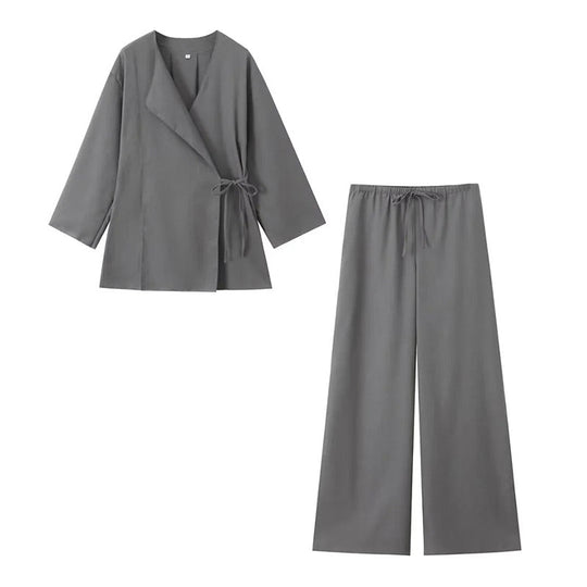 Damski | Komplet Loungewear | Kimono | Szerokie Spodnie | Lniana Mieszanka | Relaxed Fit